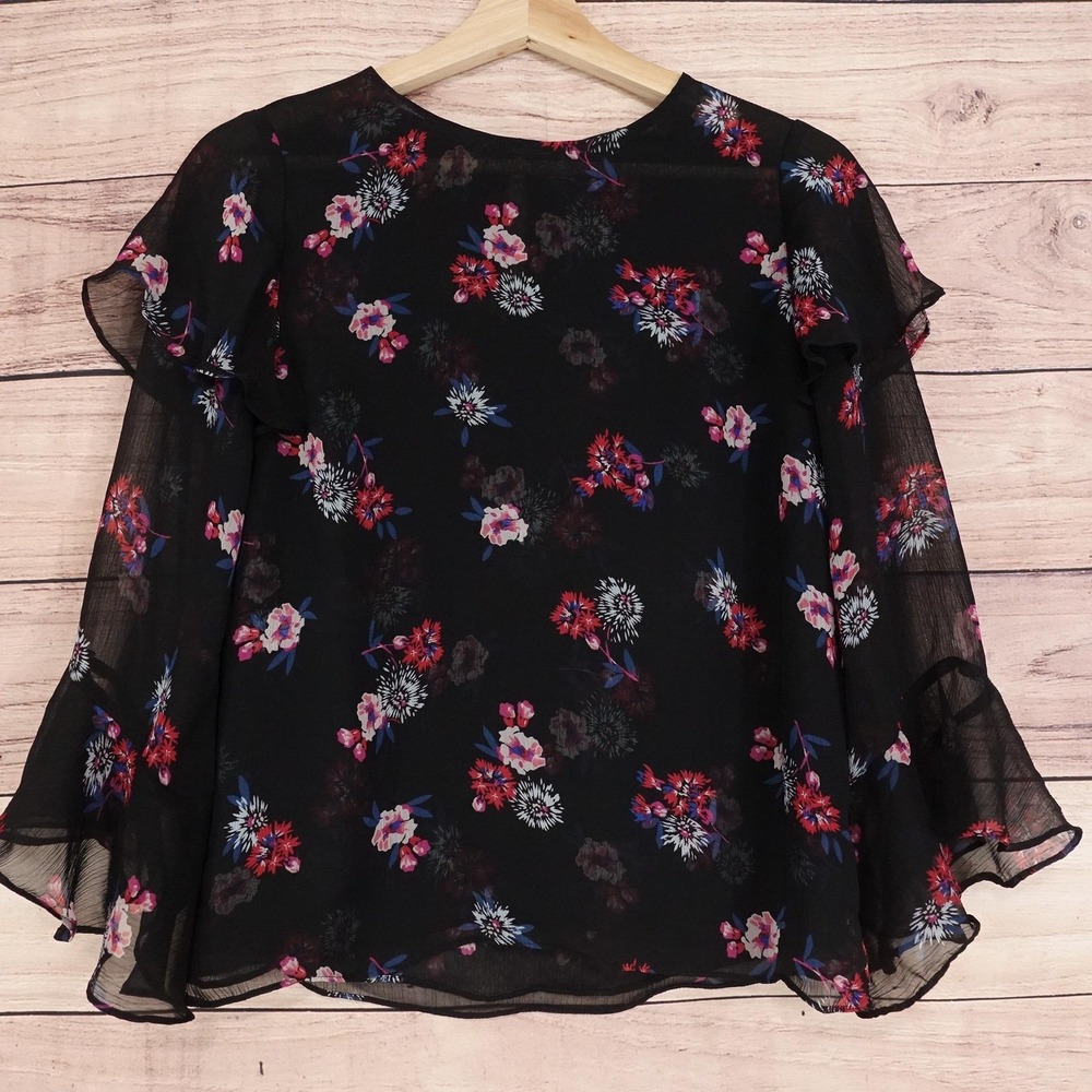 Express‎ Blouse Womens S Black Floral Bell Sleeve Ruffle Chiffon Sheer Top